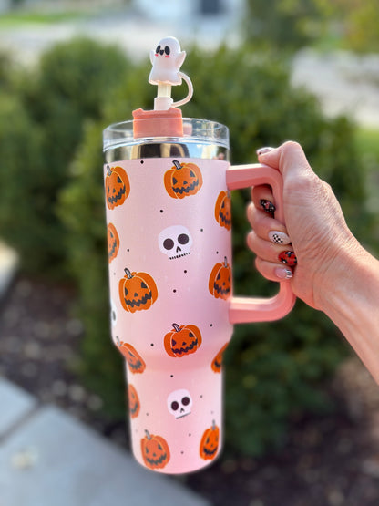 Pink Halloween Tumbler Cup - 40oz Stainless Steel, Vacuum Insulated with Handle and Straw