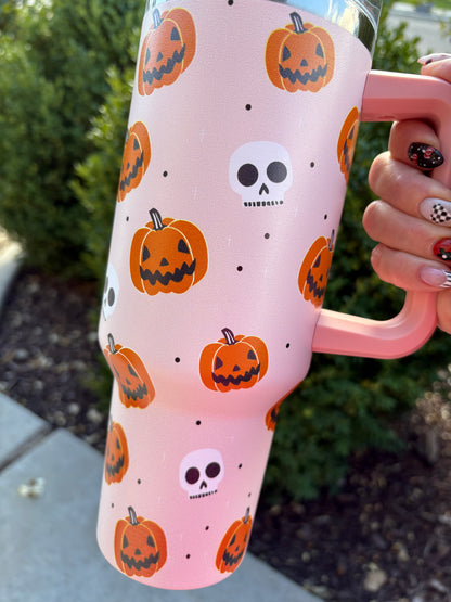 Pink Halloween Tumbler Cup - 40oz Stainless Steel, Vacuum Insulated with Handle and Straw