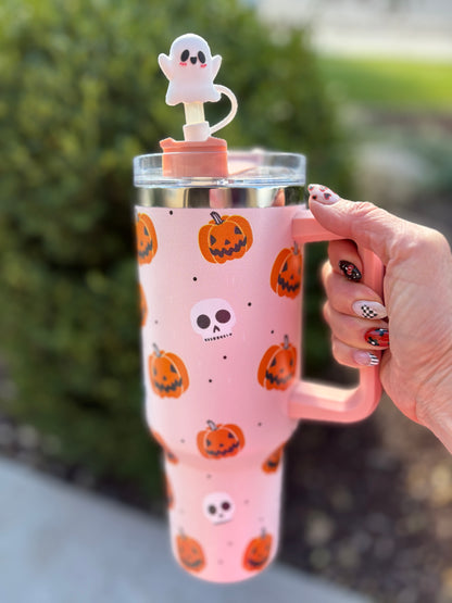 Pink Halloween Tumbler Cup - 40oz Stainless Steel, Vacuum Insulated with Handle and Straw