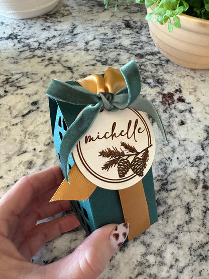 House-Shaped Paper Gift Box with Ribbon - Red or Green | Optional Personalized Wood Tag