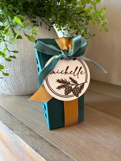 House-Shaped Paper Gift Box with Ribbon - Red or Green | Optional Personalized Wood Tag