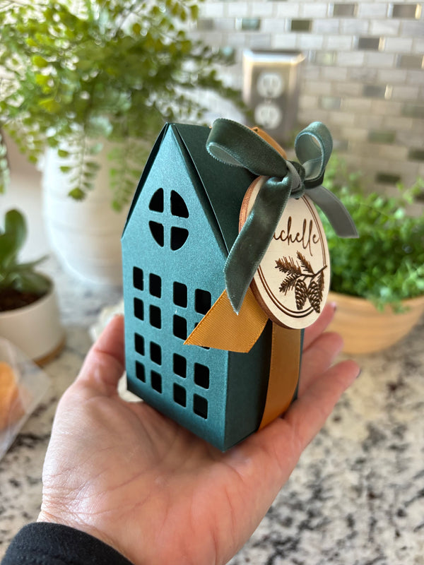House-Shaped Paper Gift Box with Ribbon - Red or Green | Optional Personalized Wood Tag