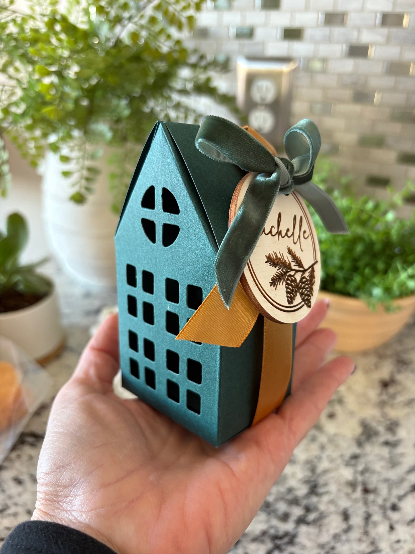 House-Shaped Paper Gift Box with Ribbon - Red or Green | Optional Personalized Wood Tag