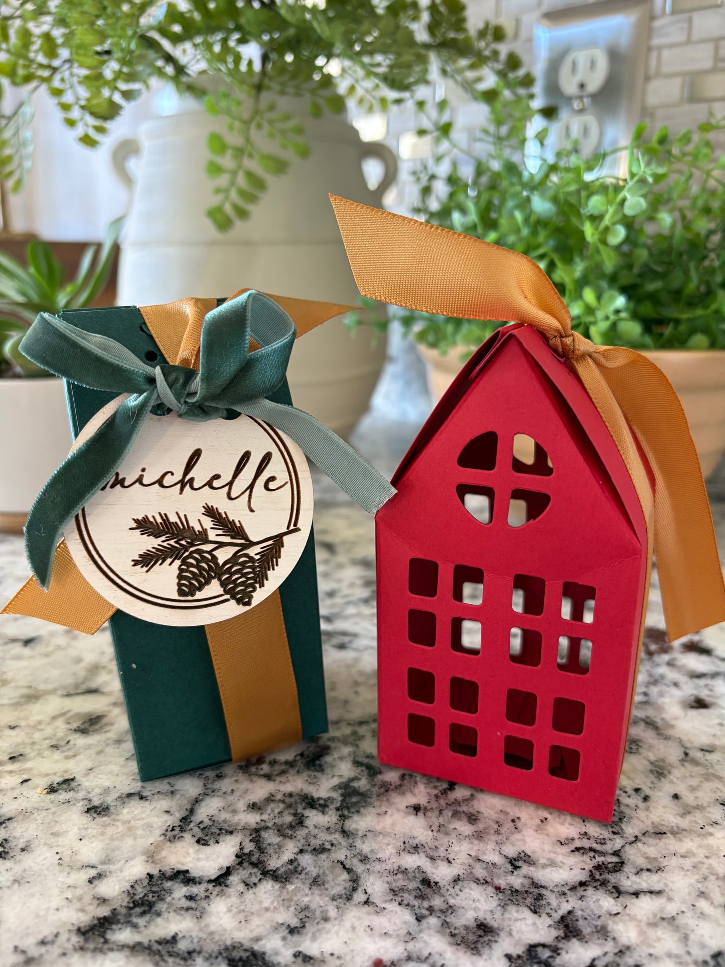 House-Shaped Paper Gift Box with Ribbon - Red or Green | Optional Personalized Wood Tag