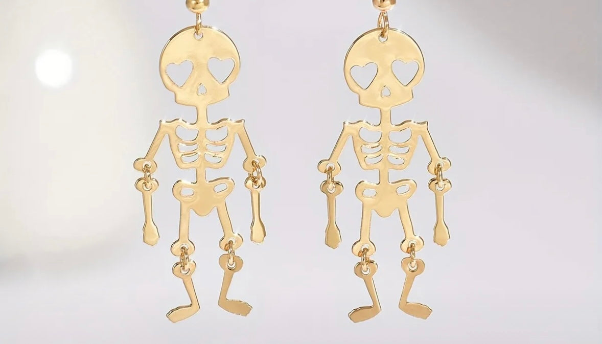 Dancing Skeleton Halloween Earrings - 18K Gold Plated | Skeleton Dangle Earrings