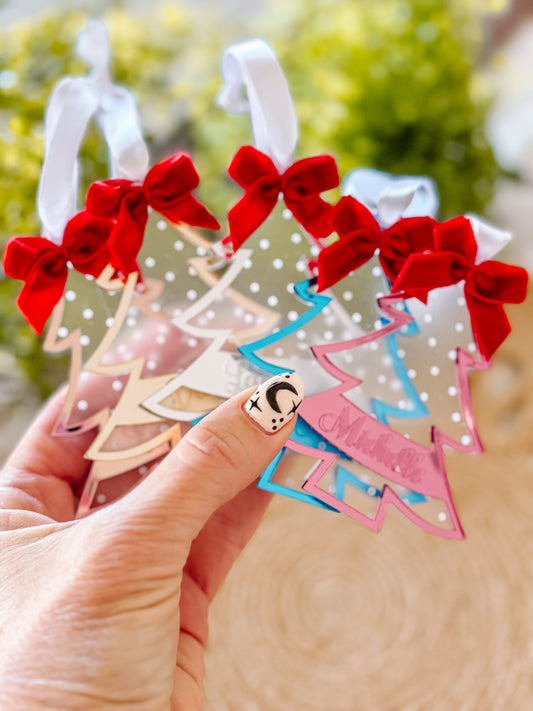 Personalized Mirror Acrylic Christmas Tree Ornament with Name - Custom Holiday Keepsake with Red Bow & Gift Box