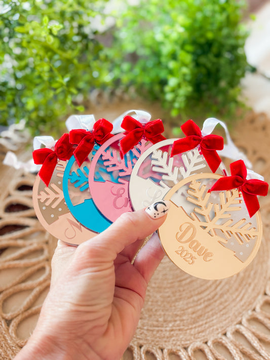Personalized Mirror Acrylic Snowflake Ornament with Name - Custom Holiday Keepsake with Red Bow & Gift Box