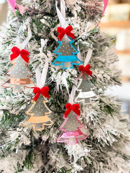 Personalized Mirror Acrylic Christmas Tree Ornament with Name - Custom Holiday Keepsake with Red Bow & Gift Box