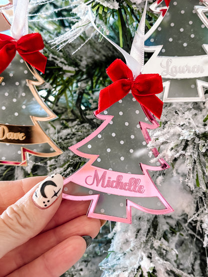 Personalized Mirror Acrylic Christmas Tree Ornament with Name - Custom Holiday Keepsake with Red Bow & Gift Box