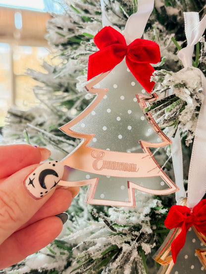 Personalized Mirror Acrylic Christmas Tree Ornament with Name - Custom Holiday Keepsake with Red Bow & Gift Box