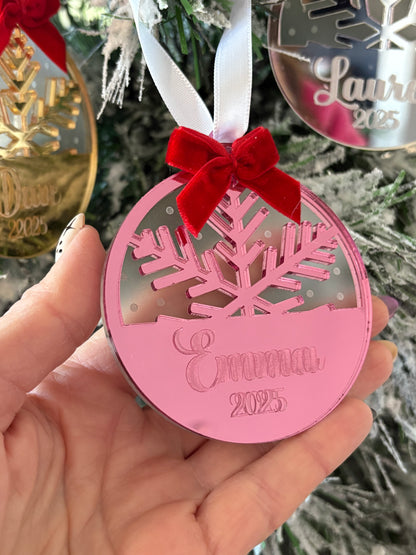 Personalized Mirror Acrylic Snowflake Ornament with Name - Custom Holiday Keepsake with Red Bow & Gift Box