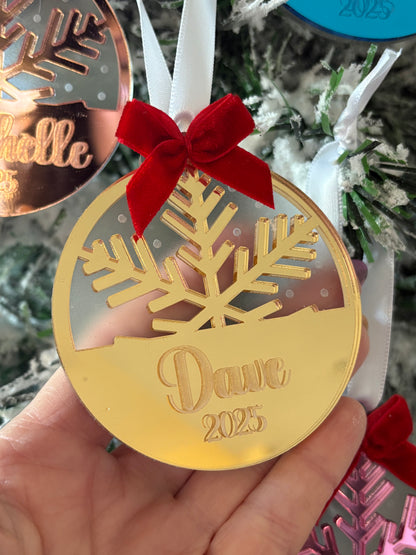 Personalized Mirror Acrylic Snowflake Ornament with Name - Custom Holiday Keepsake with Red Bow & Gift Box