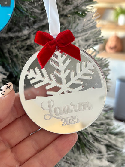 Personalized Mirror Acrylic Snowflake Ornament with Name - Custom Holiday Keepsake with Red Bow & Gift Box