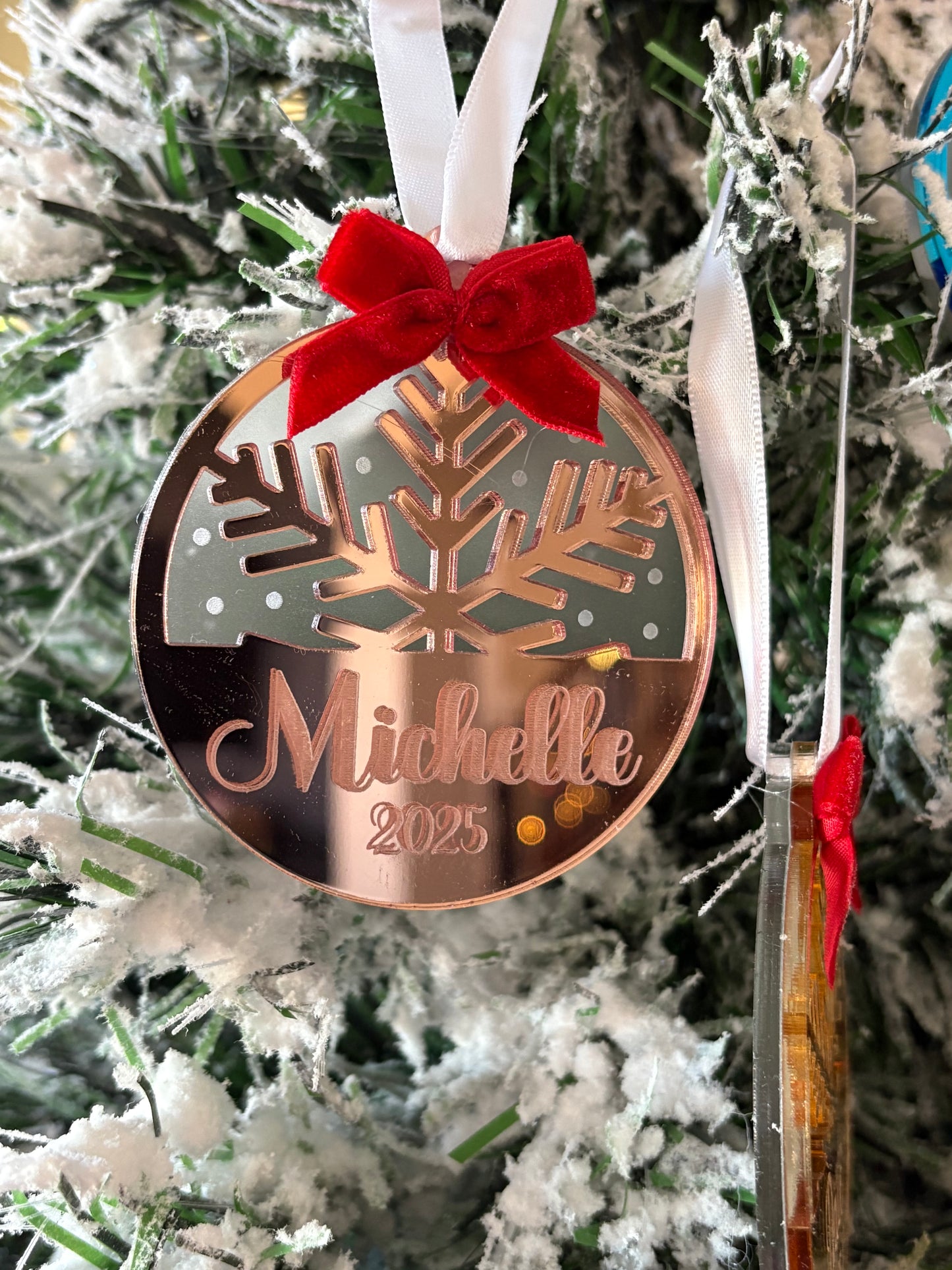 Personalized Mirror Acrylic Snowflake Ornament with Name - Custom Holiday Keepsake with Red Bow & Gift Box