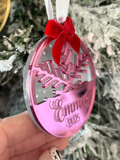 Personalized Mirror Acrylic Snowflake Ornament with Name - Custom Holiday Keepsake with Red Bow & Gift Box