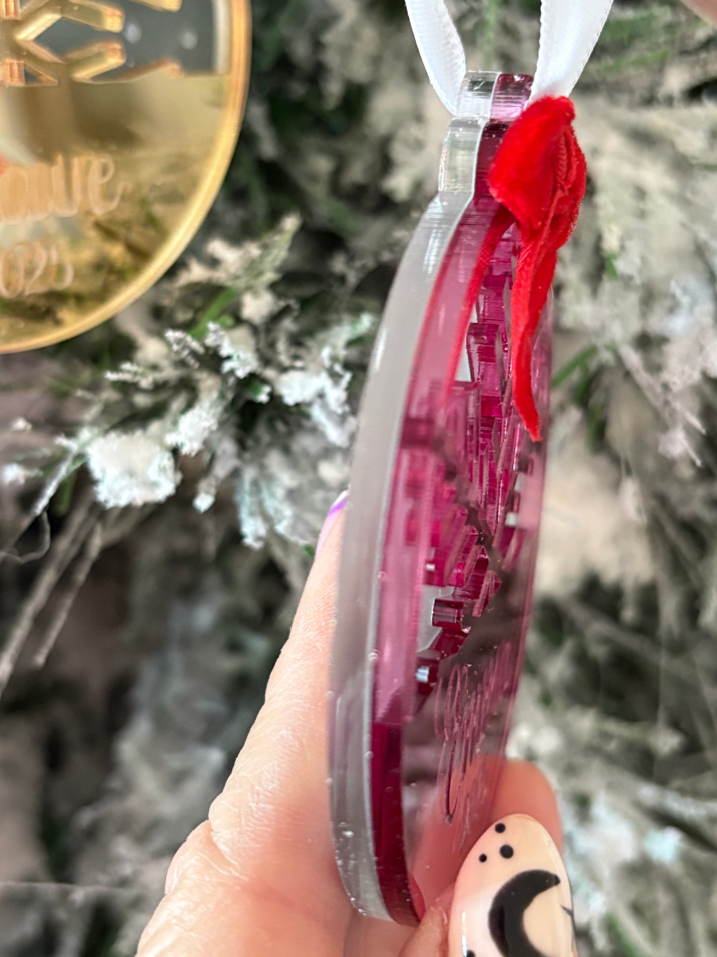 Personalized Mirror Acrylic Snowflake Ornament with Name - Custom Holiday Keepsake with Red Bow & Gift Box