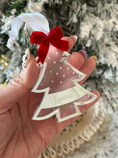Personalized Mirror Acrylic Christmas Tree Ornament with Name - Custom Holiday Keepsake with Red Bow & Gift Box