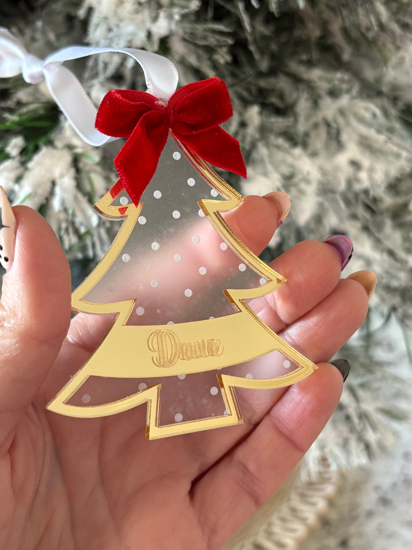 Personalized Mirror Acrylic Christmas Tree Ornament with Name - Custom Holiday Keepsake with Red Bow & Gift Box