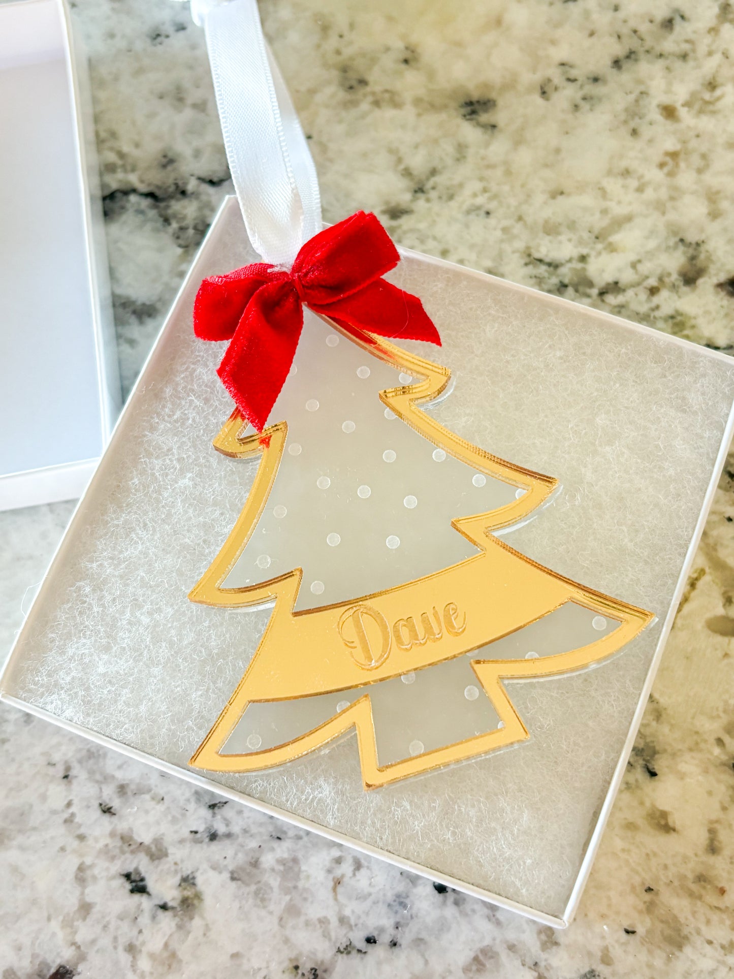 Personalized Mirror Acrylic Christmas Tree Ornament with Name - Custom Holiday Keepsake with Red Bow & Gift Box