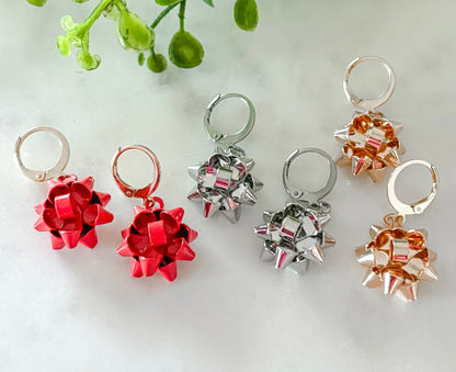 Christmas Bow Dangle Earrings - 18K Gold Plated or Stainless Steel Christmas Earrings | Holiday Jewelry Gift