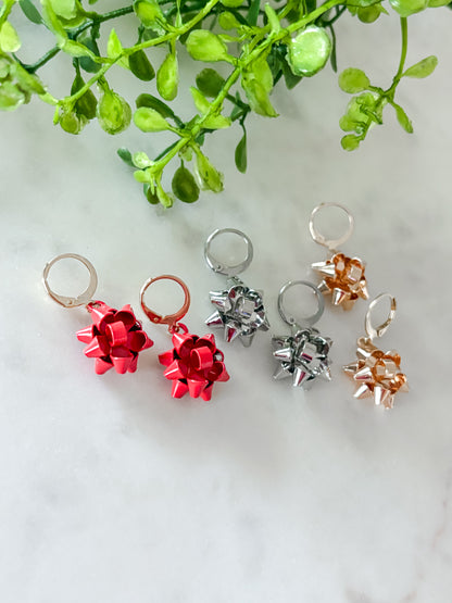 Christmas Bow Dangle Earrings - 18K Gold Plated or Stainless Steel Christmas Earrings | Holiday Jewelry Gift
