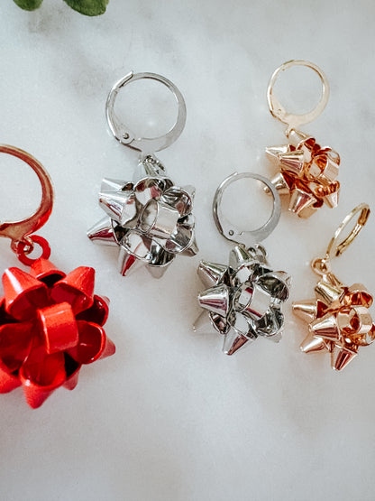 Christmas Bow Dangle Earrings - 18K Gold Plated or Stainless Steel Christmas Earrings | Holiday Jewelry Gift