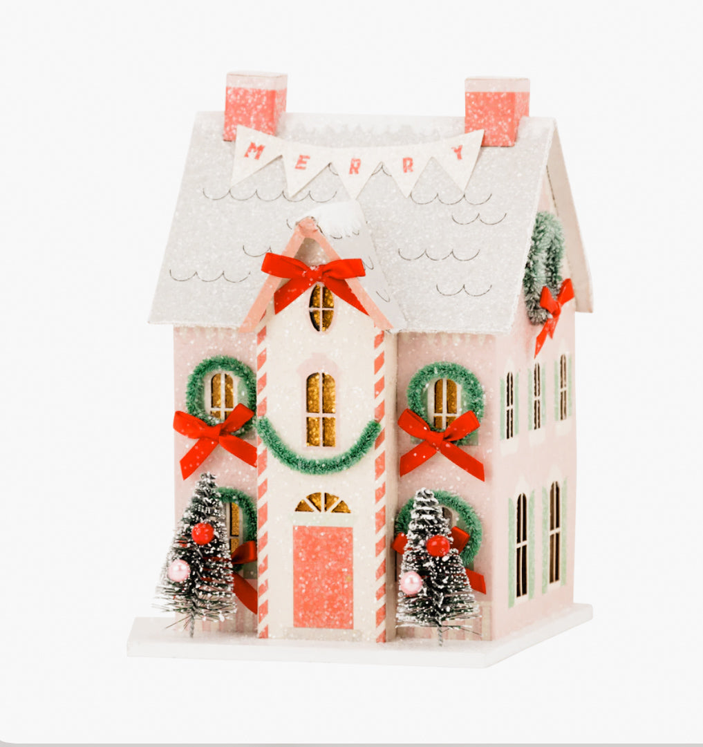 Light Up Christmas Village House - Merry House Glitter Holiday Decoration | Pink Christmas Village Decor