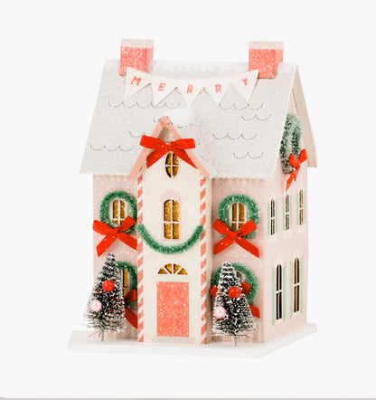 Light Up Christmas Village House - Merry House Glitter Holiday Decoration | Pink Christmas Village Decor