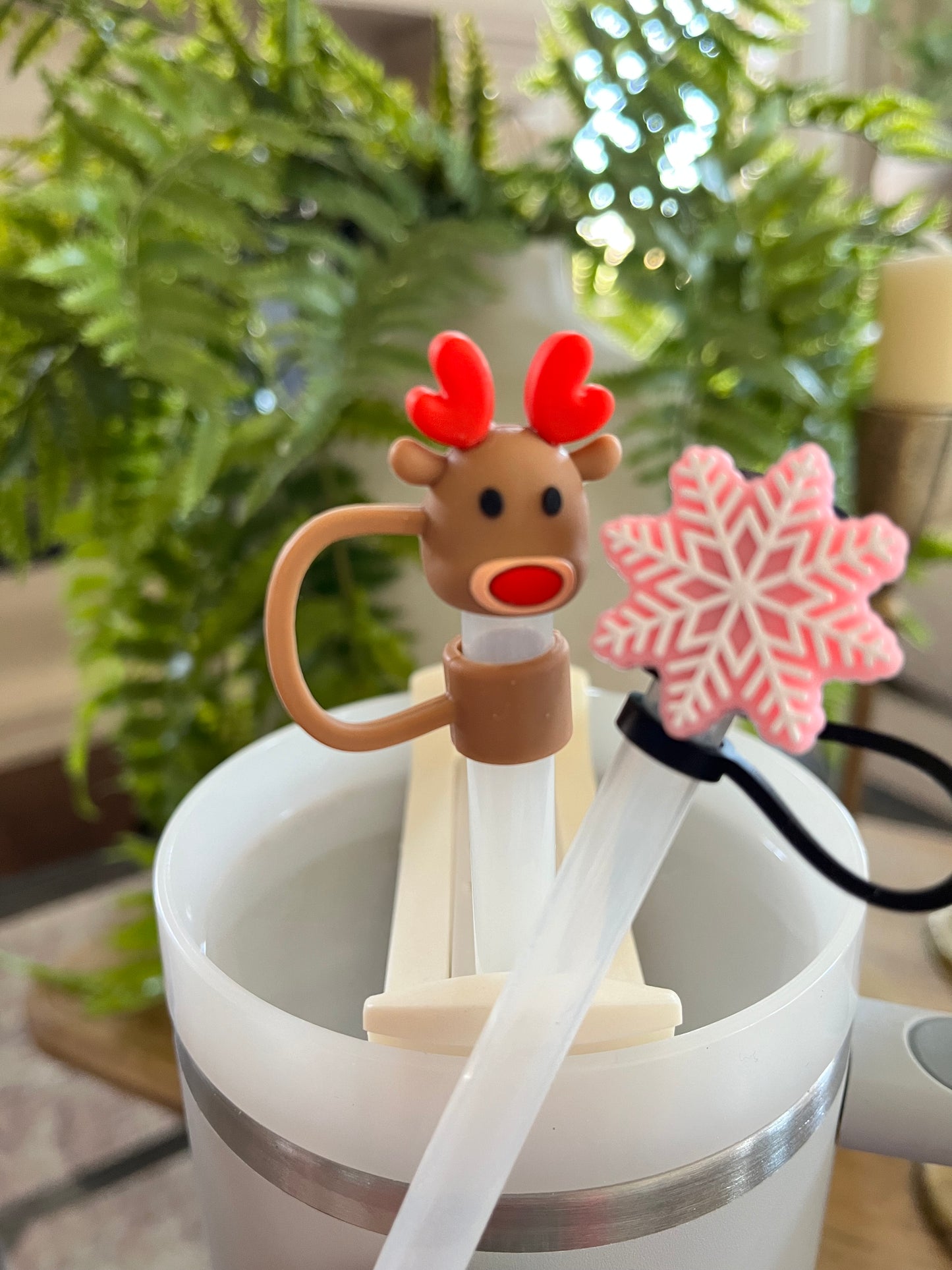 Christmas Straw Toppers - Cute Gingerbread Man, Pink Christmas Tree, Rudolph Reindeer and Pink Snowflake