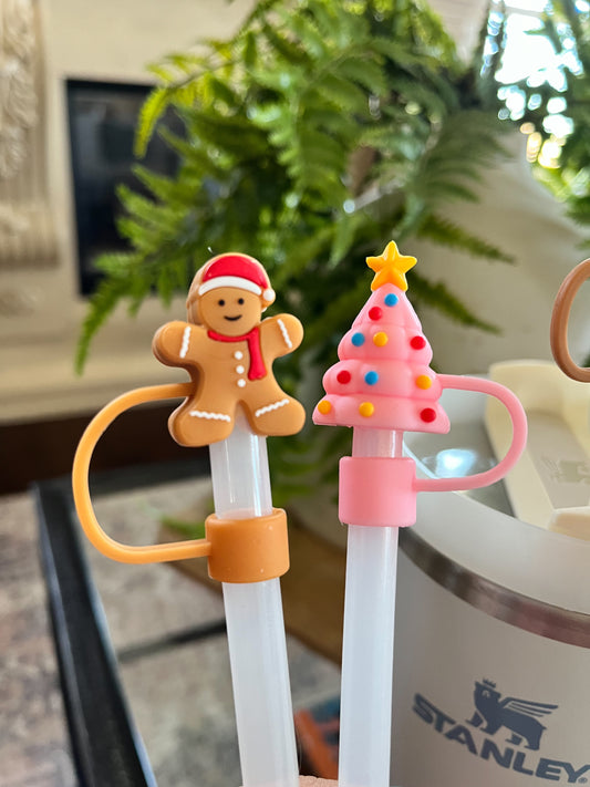 Christmas Straw Toppers - Cute Gingerbread Man, Pink Christmas Tree, Rudolph Reindeer and Pink Snowflake