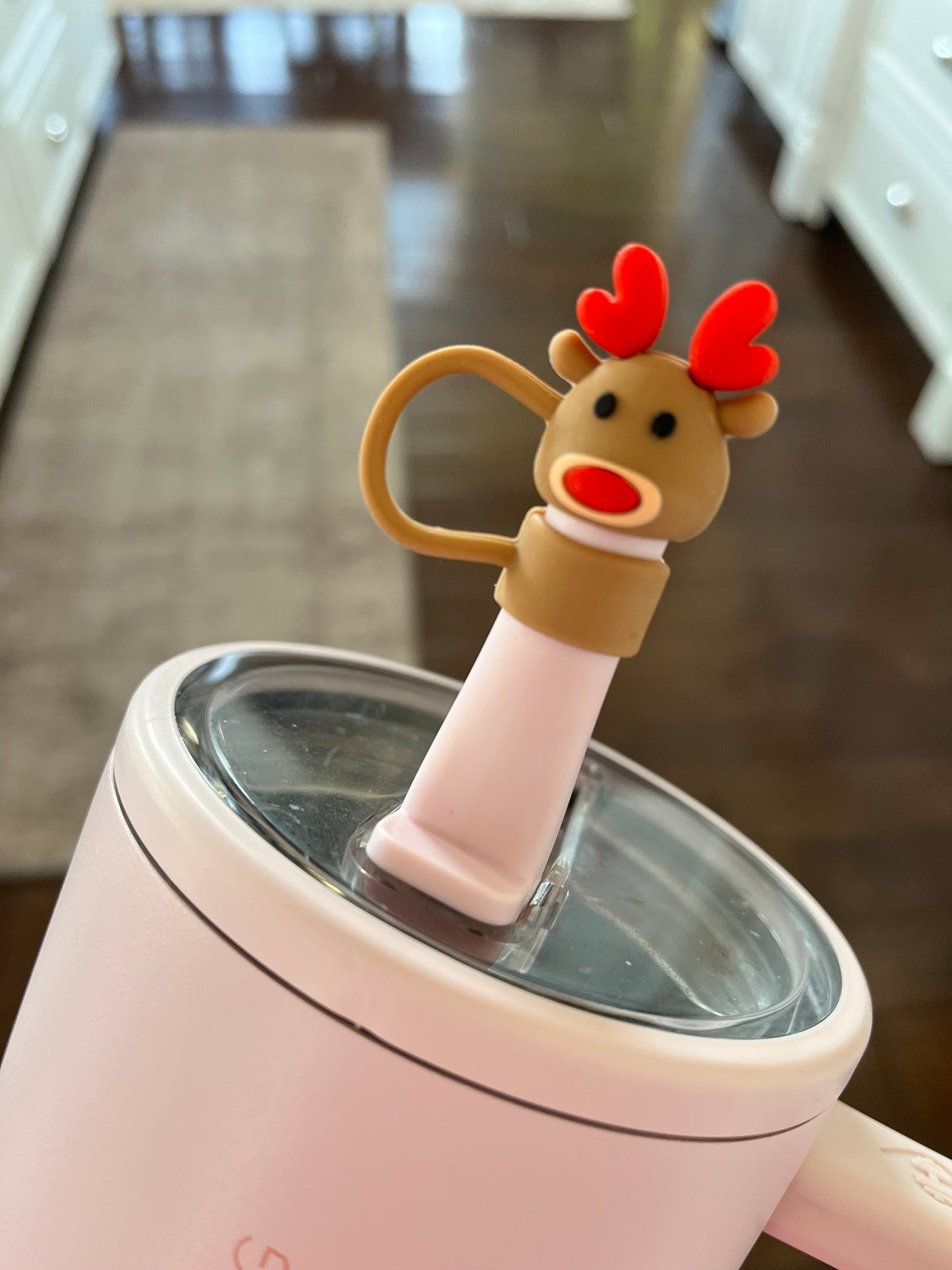 Christmas Straw Toppers - Cute Gingerbread Man, Pink Christmas Tree, Rudolph Reindeer and Pink Snowflake