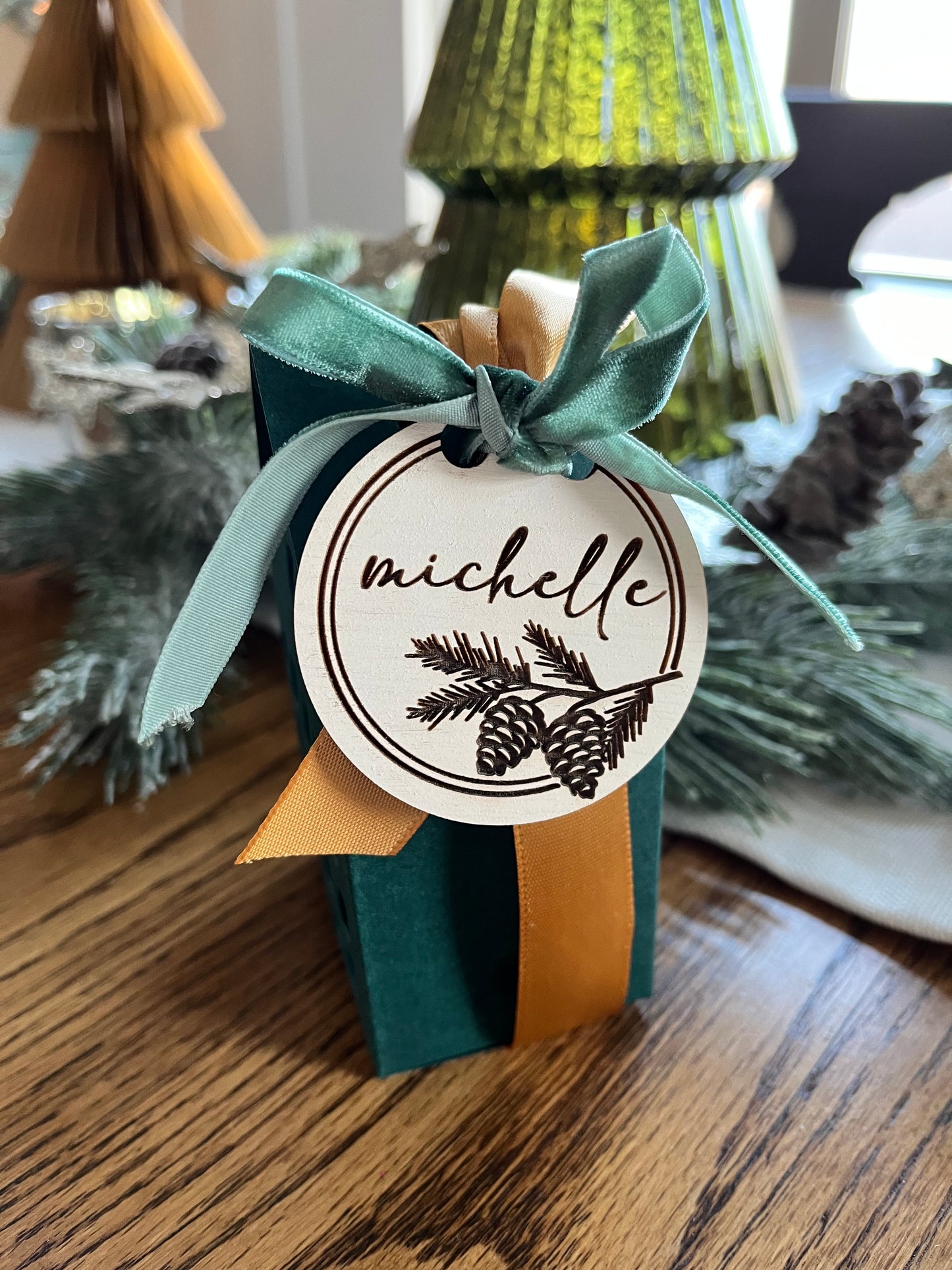 House-Shaped Paper Gift Box with Ribbon - Red or Green | Optional Personalized Wood Tag