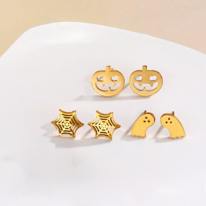 Spooky Cute 18K Gold Plated Halloween Stud Earrings - Pumpkin, Ghost & Spiderweb