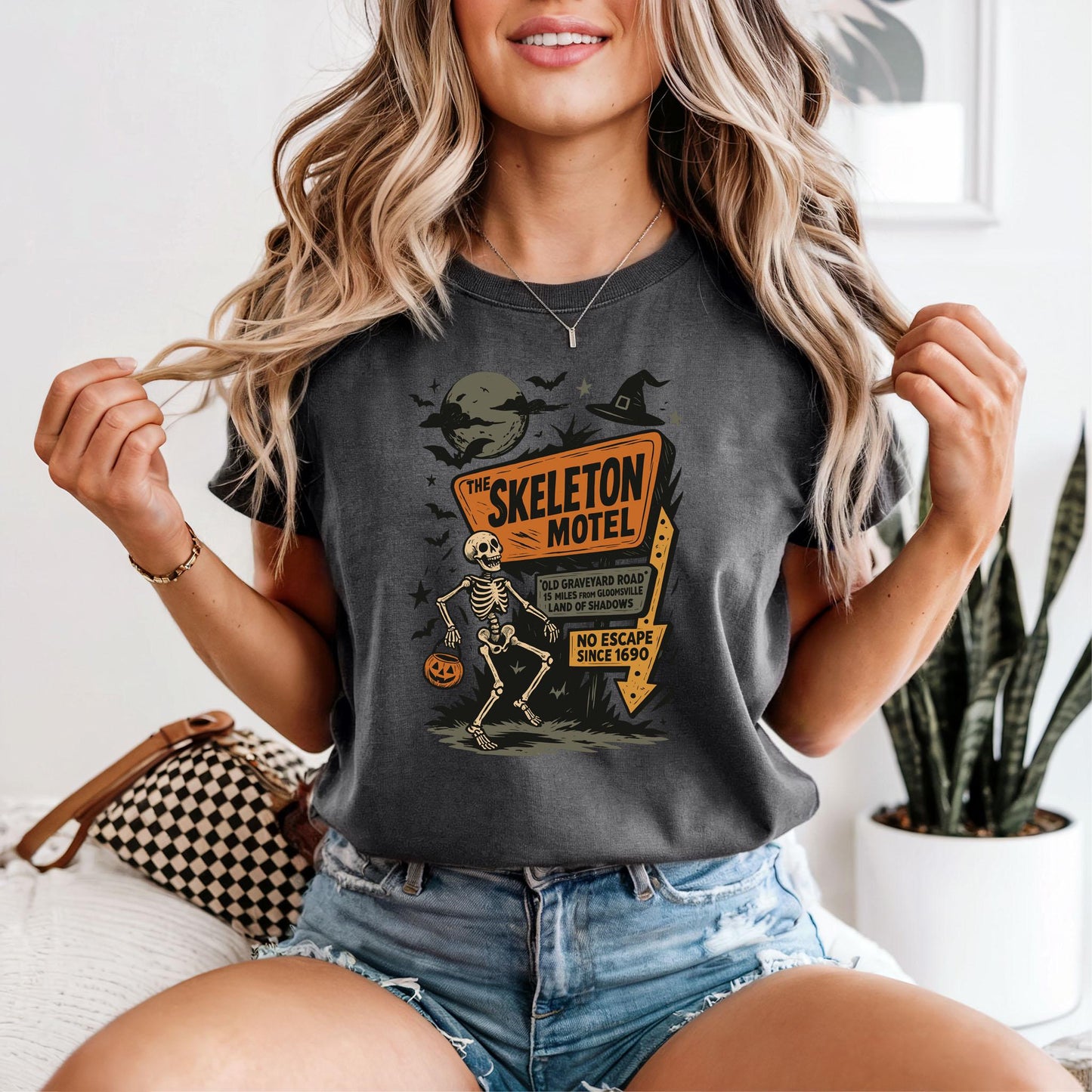 Skeleton Motel Halloween Shirt - Retro Graphic Tee for Spooky Season
