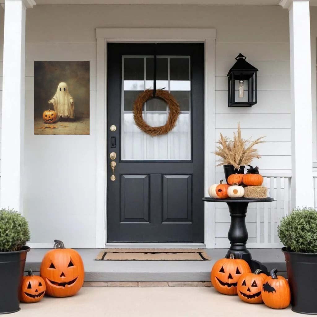 Primitive Halloween Metal Sign – Cute Ghost Trick-Or-Treat Wall Art (Indoor & Outdoor)