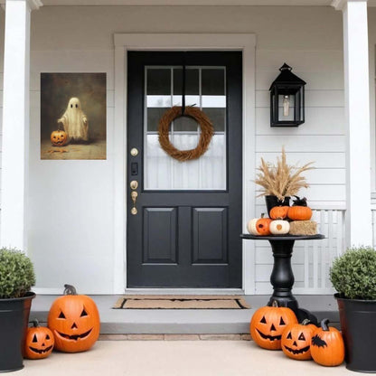 Primitive Halloween Metal Sign – Cute Ghost Trick-Or-Treat Wall Art (Indoor & Outdoor)