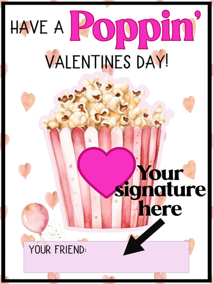 (Digital Download) Printable Valentine Card – “Have a Poppin’ Valentine’s Day” Classroom Gift for Kids