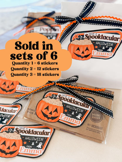 Halloween Popcorn Stickers – Personalized “Have a Spooktacular Halloween” Labels for Kids, Classroom, or Party Favors