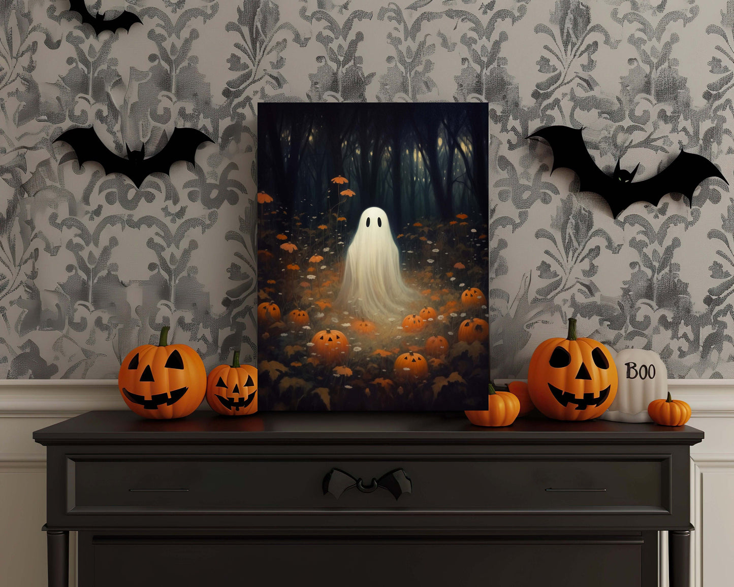 Primitive Halloween Metal Sign – Cute Ghost with Pumpkins Wall Art (Indoor & Outdoor)