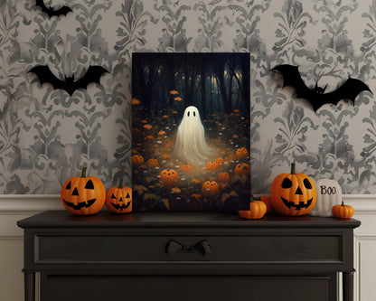 Primitive Halloween Metal Sign – Cute Ghost with Pumpkins Wall Art (Indoor & Outdoor)