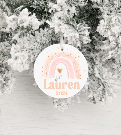Personalized Pink Rainbow Christmas Ornament- Custom Name & Year | Aluminum or Hardboard