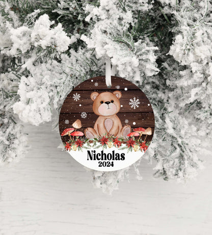 Personalized Bear Christmas Ornament 2025 – Woodland Animal Ornament with Mushrooms & Wood Background