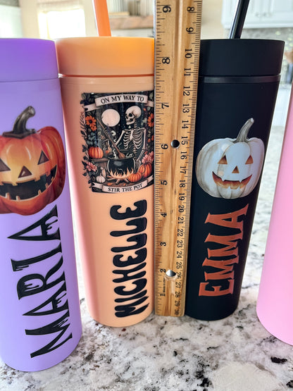 Personalized Halloween Tumbler with Straw – Custom Skinny Matte Pastel Cups, Party Favors