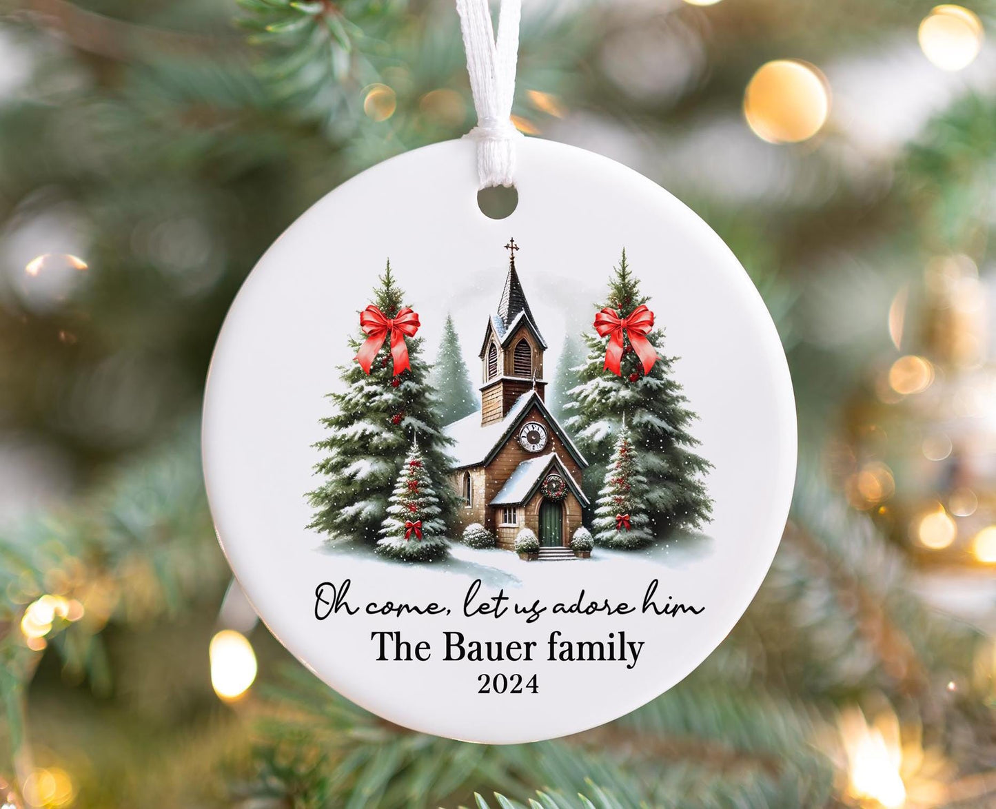 Personalized Church Christmas Ornament 2025 – “Oh Come Let Us Adore Him” with Family Name