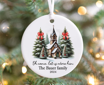Personalized Church Christmas Ornament 2025 – “Oh Come Let Us Adore Him” with Family Name