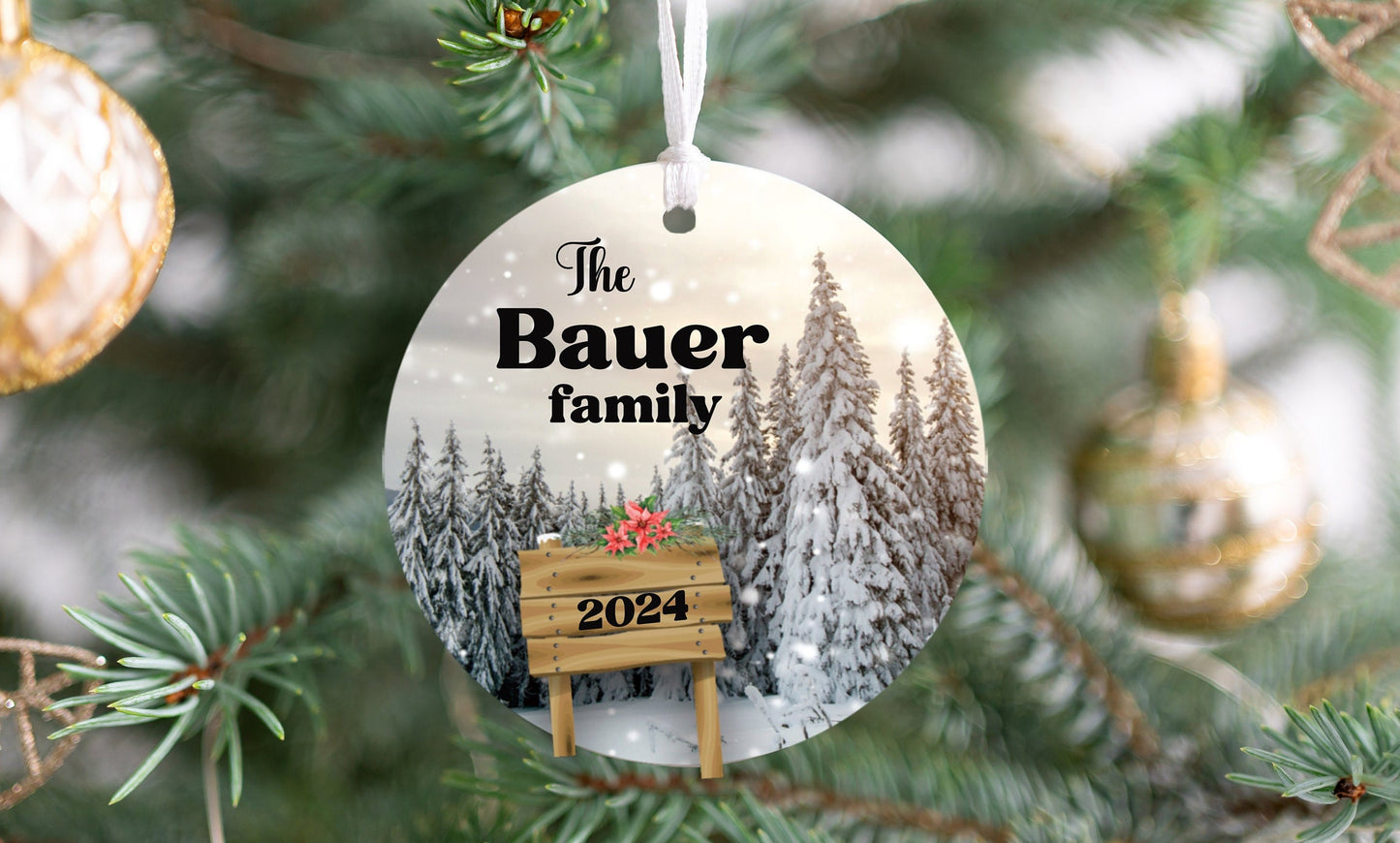 Personalized Snow Scene Family Ornament 2025 – Last Name, Forest & Nature Design