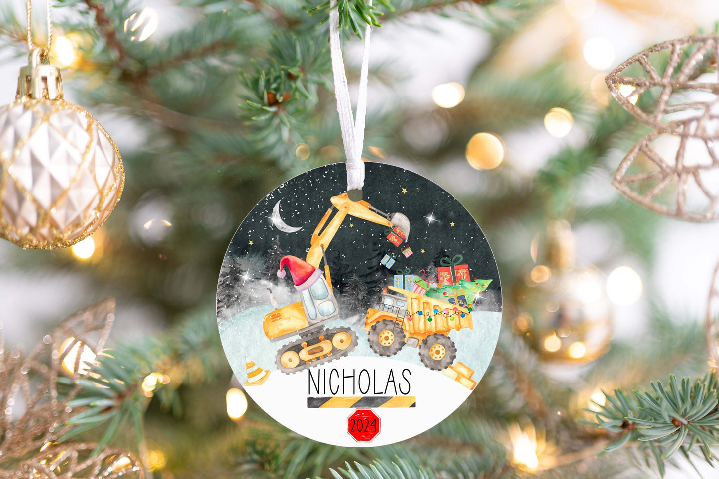 Personalized Excavator Dump Truck Christmas Ornament 2025 – Custom Construction Truck Ornament for Kids