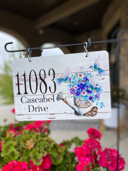 Hummingbird Watering Can Metal Address Sign – Personalized Yard & Lamp Post Sign