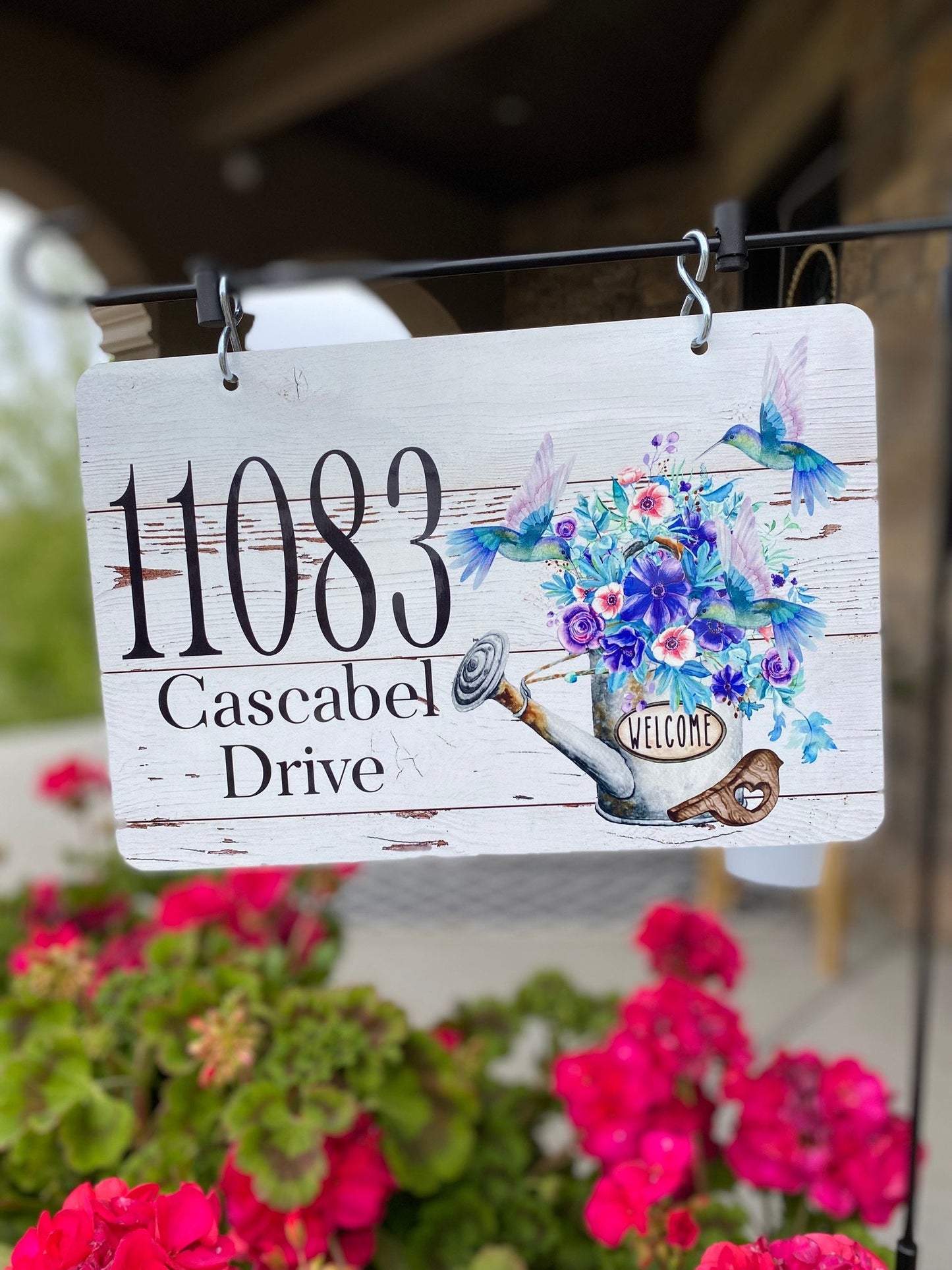 Hummingbird Watering Can Metal Address Sign – Personalized Yard & Lamp Post Sign