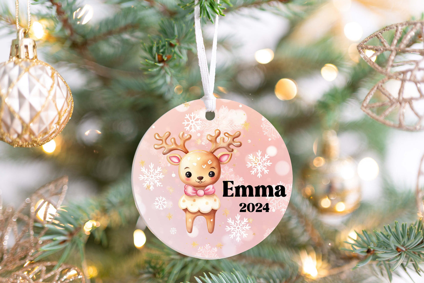 Personalized Pink Reindeer Christmas Ornament- Custom Name & Year | Aluminum or Hardboard